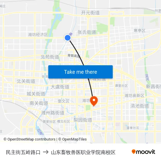 民主街五岭路口 to 山东畜牧兽医职业学院南校区 map