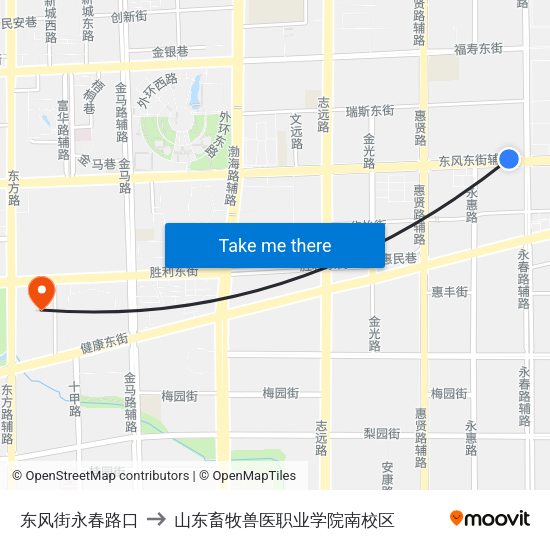 东风街永春路口 to 山东畜牧兽医职业学院南校区 map