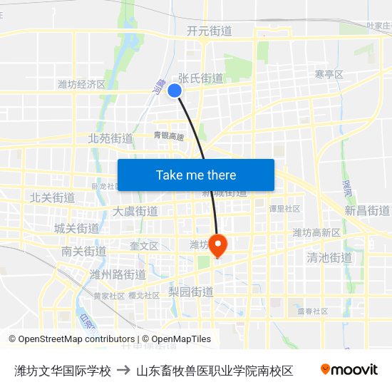 潍坊文华国际学校 to 山东畜牧兽医职业学院南校区 map