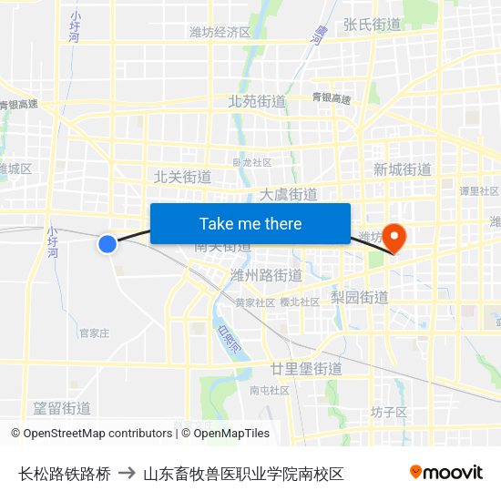 长松路铁路桥 to 山东畜牧兽医职业学院南校区 map
