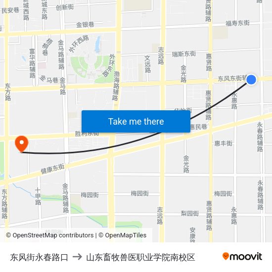 东风街永春路口 to 山东畜牧兽医职业学院南校区 map