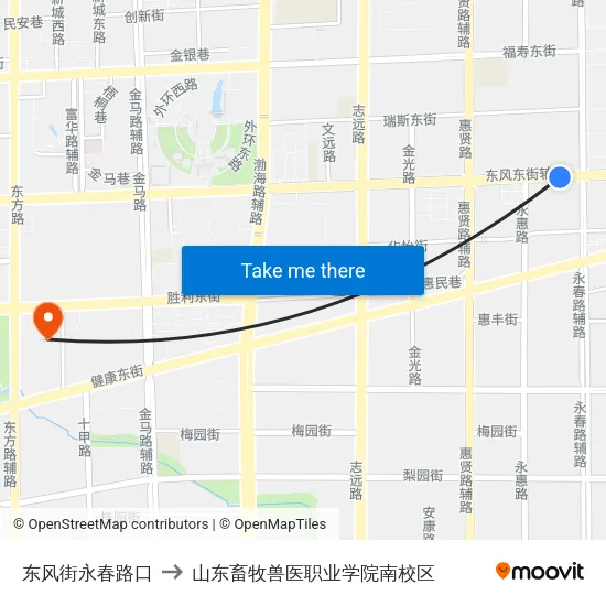 东风街永春路口 to 山东畜牧兽医职业学院南校区 map