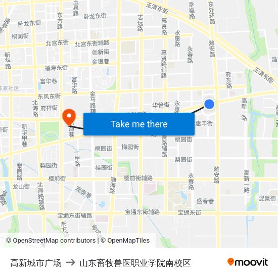 高新城市广场 to 山东畜牧兽医职业学院南校区 map