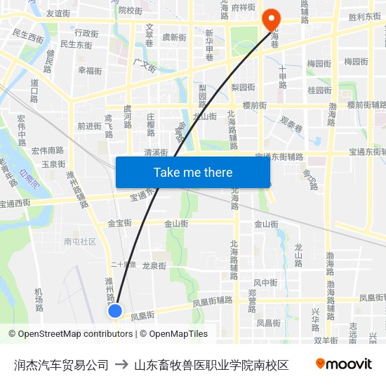 润杰汽车贸易公司 to 山东畜牧兽医职业学院南校区 map