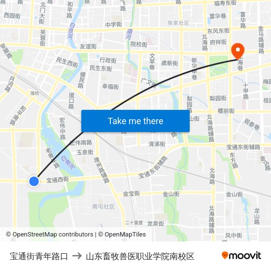 宝通街青年路口 to 山东畜牧兽医职业学院南校区 map
