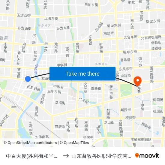 中百大厦(胜利街和平路口) to 山东畜牧兽医职业学院南校区 map