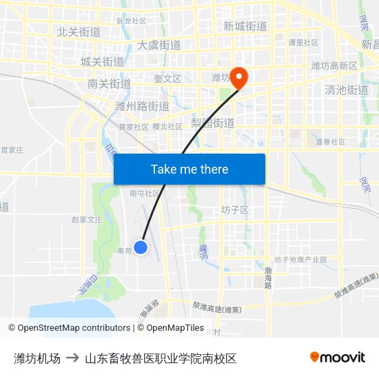 潍坊机场 to 山东畜牧兽医职业学院南校区 map