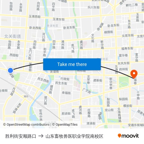 胜利街安顺路口 to 山东畜牧兽医职业学院南校区 map