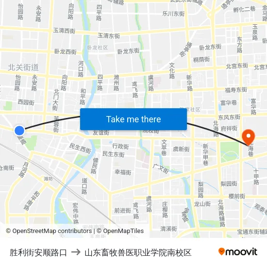 胜利街安顺路口 to 山东畜牧兽医职业学院南校区 map