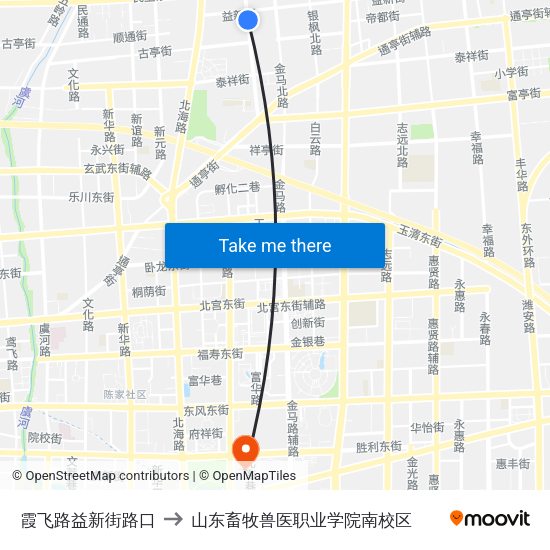 霞飞路益新街路口 to 山东畜牧兽医职业学院南校区 map