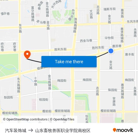 汽车装饰城 to 山东畜牧兽医职业学院南校区 map
