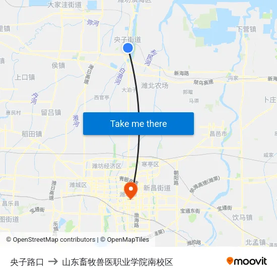 央子路口 to 山东畜牧兽医职业学院南校区 map