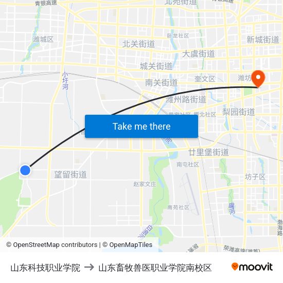 山东科技职业学院 to 山东畜牧兽医职业学院南校区 map
