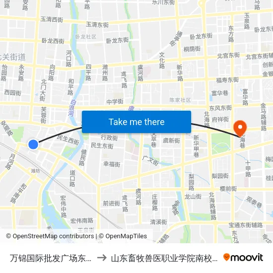 万锦国际批发广场东门 to 山东畜牧兽医职业学院南校区 map