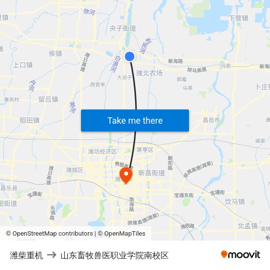 潍柴重机 to 山东畜牧兽医职业学院南校区 map