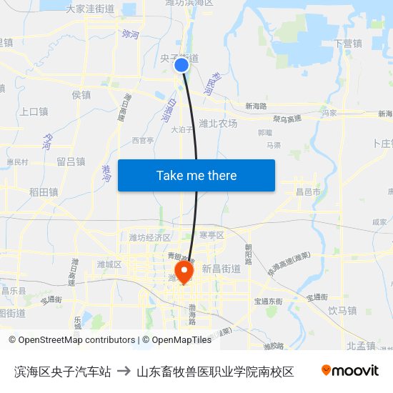 滨海区央子汽车站 to 山东畜牧兽医职业学院南校区 map