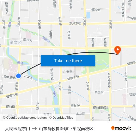 人民医院东门 to 山东畜牧兽医职业学院南校区 map