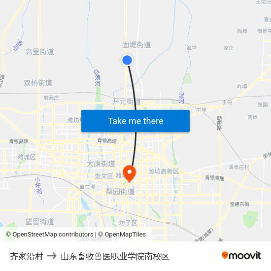 齐家沿村 to 山东畜牧兽医职业学院南校区 map