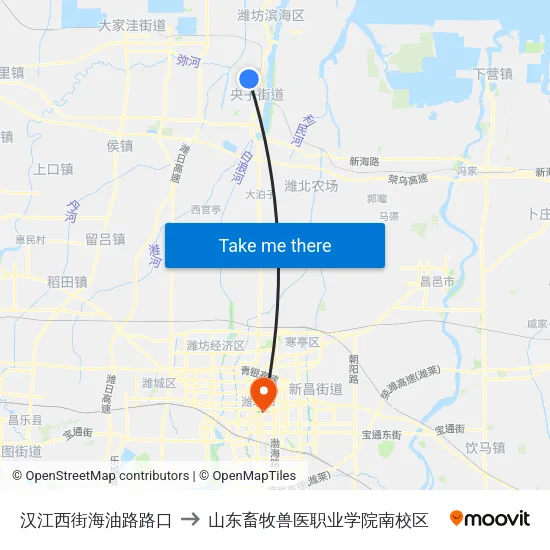 汉江西街海油路路口 to 山东畜牧兽医职业学院南校区 map