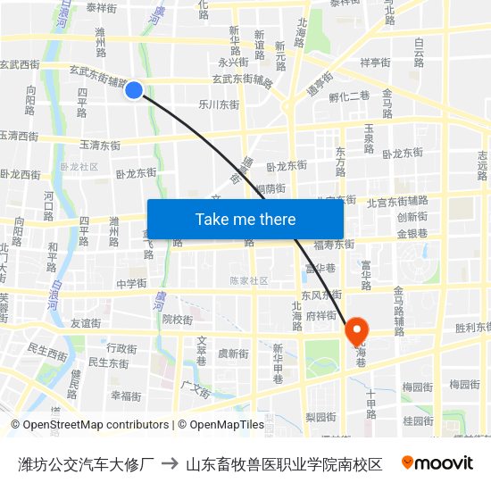 潍坊公交汽车大修厂 to 山东畜牧兽医职业学院南校区 map