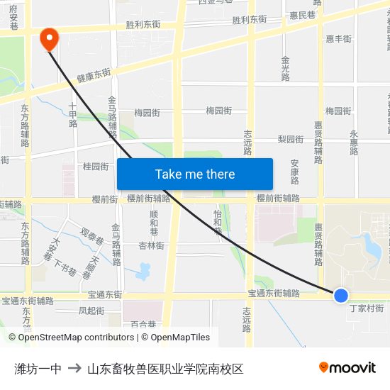 潍坊一中 to 山东畜牧兽医职业学院南校区 map