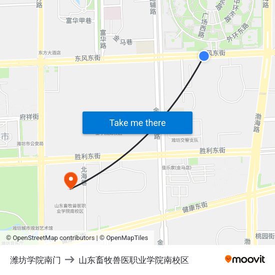 潍坊学院南门 to 山东畜牧兽医职业学院南校区 map
