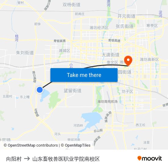向阳村 to 山东畜牧兽医职业学院南校区 map