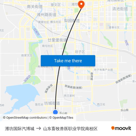 潍坊国际汽博城 to 山东畜牧兽医职业学院南校区 map