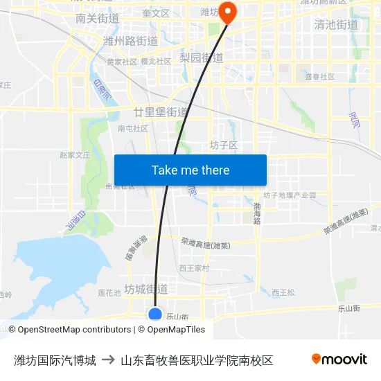 潍坊国际汽博城 to 山东畜牧兽医职业学院南校区 map
