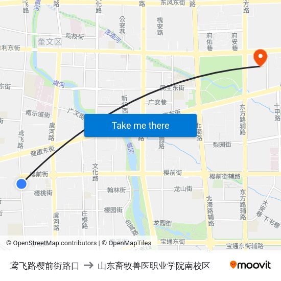 鸢飞路樱前街路口 to 山东畜牧兽医职业学院南校区 map