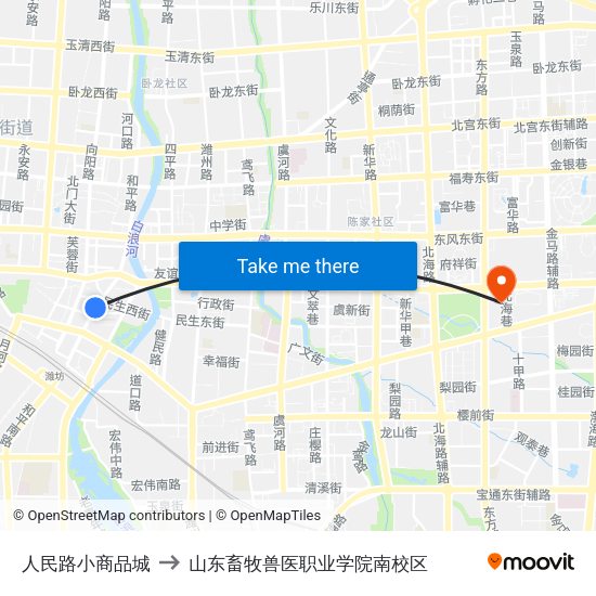 人民路小商品城 to 山东畜牧兽医职业学院南校区 map
