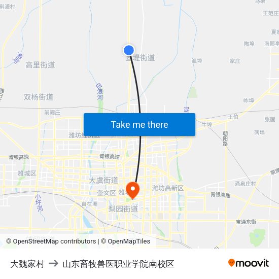 大魏家村 to 山东畜牧兽医职业学院南校区 map