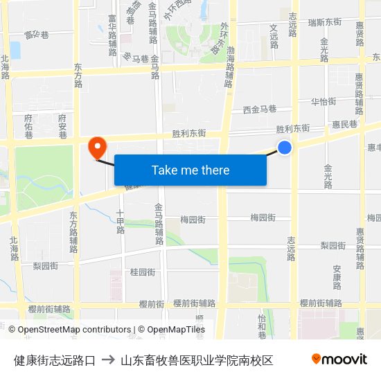健康街志远路口 to 山东畜牧兽医职业学院南校区 map