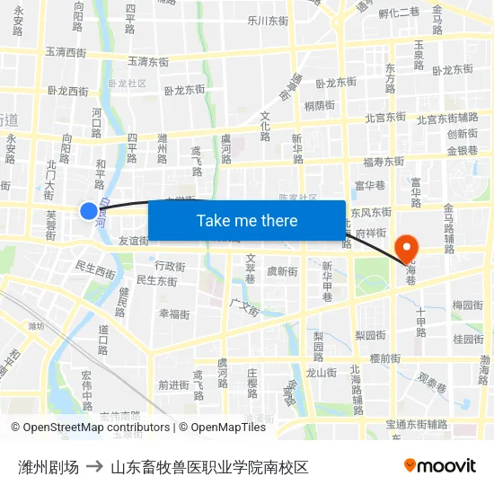 潍州剧场 to 山东畜牧兽医职业学院南校区 map