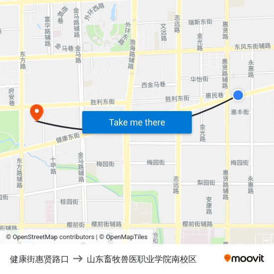健康街惠贤路口 to 山东畜牧兽医职业学院南校区 map