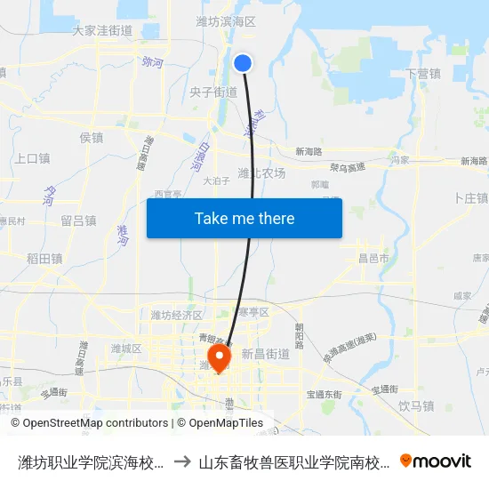 潍坊职业学院滨海校区 to 山东畜牧兽医职业学院南校区 map