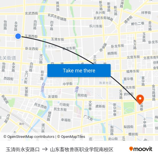 玉清街永安路口 to 山东畜牧兽医职业学院南校区 map