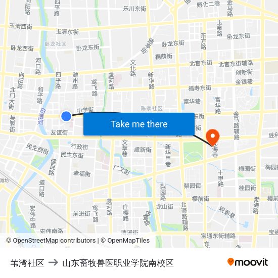 苇湾社区 to 山东畜牧兽医职业学院南校区 map