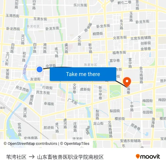 苇湾社区 to 山东畜牧兽医职业学院南校区 map