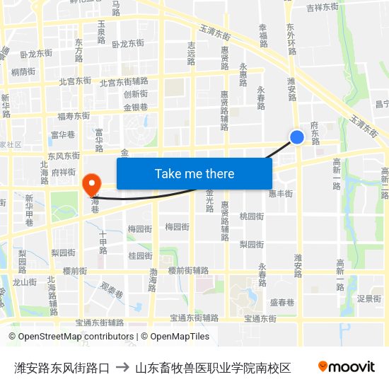 潍安路东风街路口 to 山东畜牧兽医职业学院南校区 map