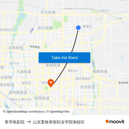寒亭电影院 to 山东畜牧兽医职业学院南校区 map