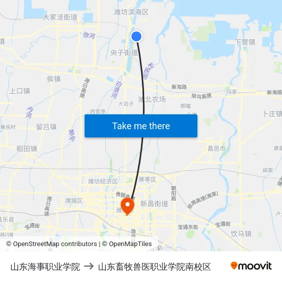 山东海事职业学院 to 山东畜牧兽医职业学院南校区 map