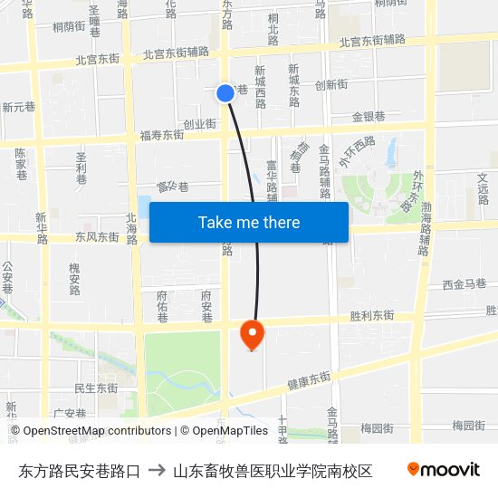 东方路民安巷路口 to 山东畜牧兽医职业学院南校区 map