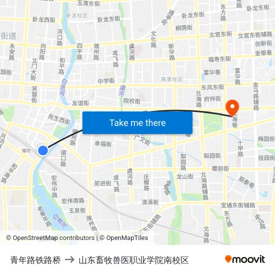 青年路铁路桥 to 山东畜牧兽医职业学院南校区 map