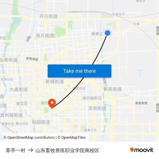 寒亭一村 to 山东畜牧兽医职业学院南校区 map