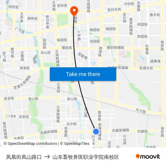 凤凰街凤山路口 to 山东畜牧兽医职业学院南校区 map