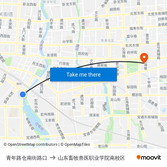青年路仓南街路口 to 山东畜牧兽医职业学院南校区 map