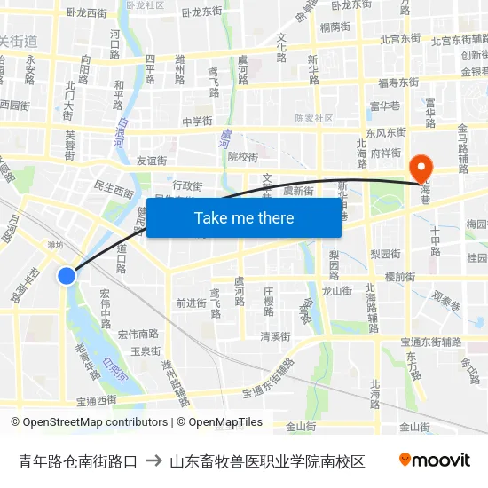 青年路仓南街路口 to 山东畜牧兽医职业学院南校区 map