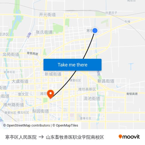 寒亭区人民医院 to 山东畜牧兽医职业学院南校区 map