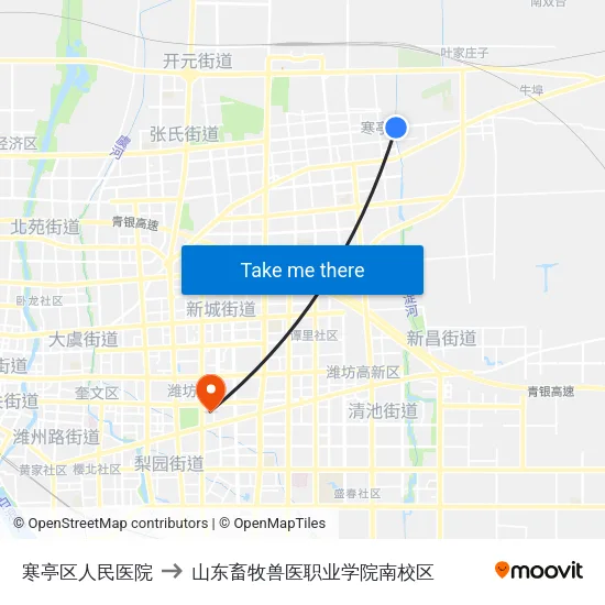 寒亭区人民医院 to 山东畜牧兽医职业学院南校区 map